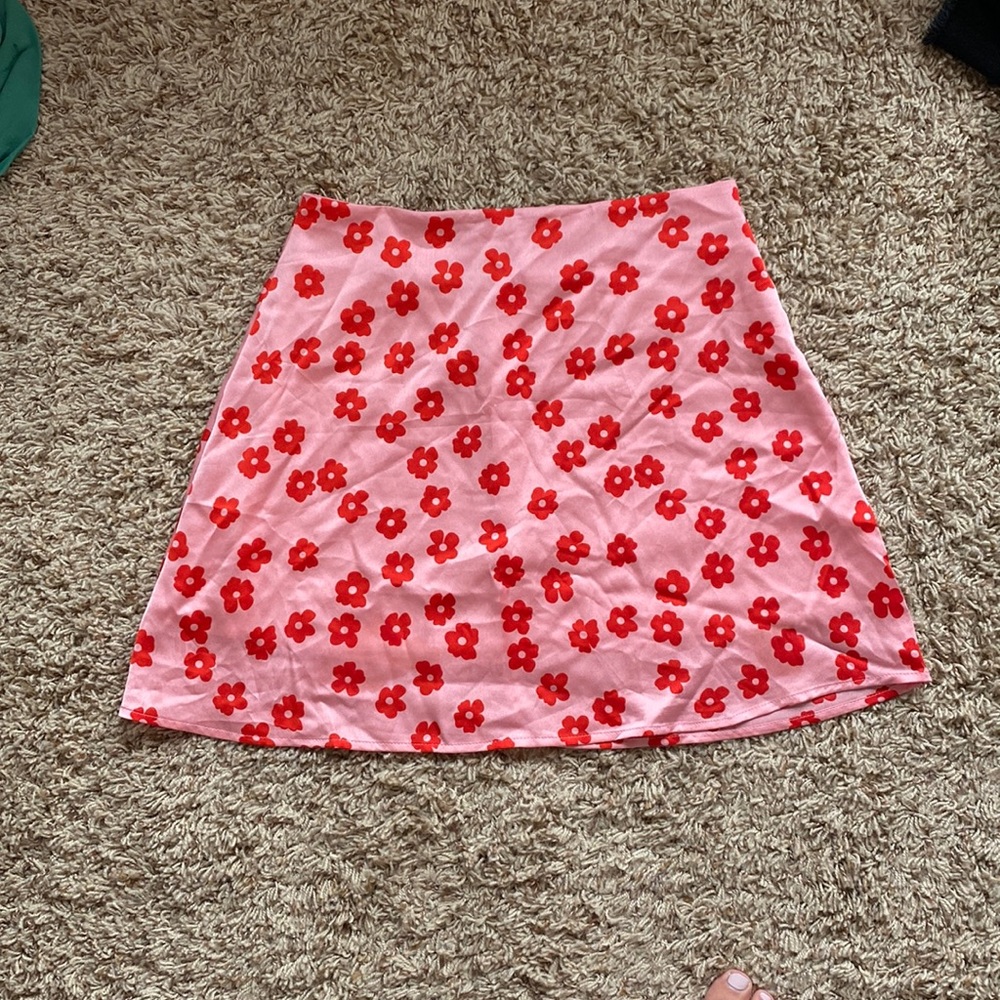 Satin Pink Floral Mini Skirt